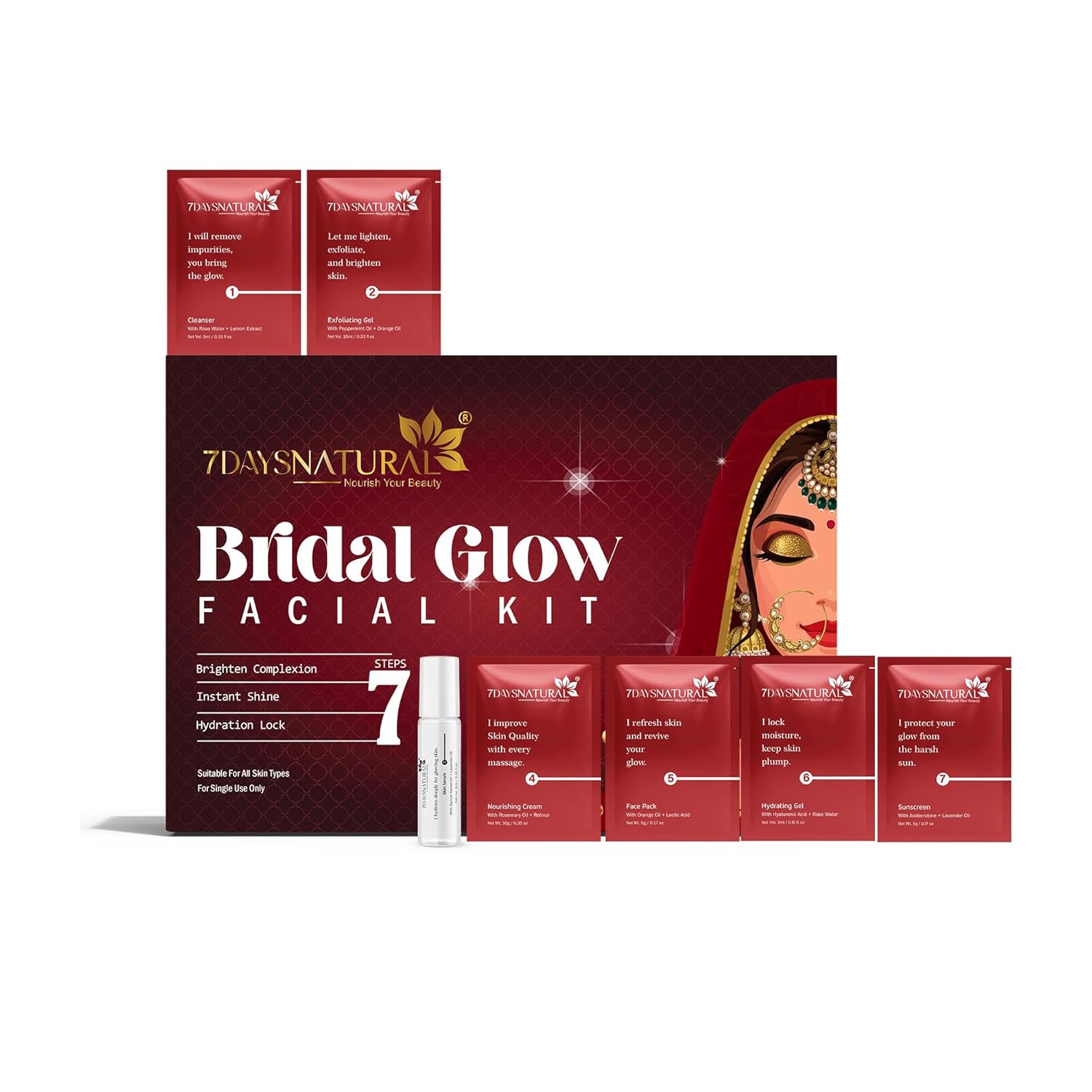 7DAYSNATURAL Bridal Glowing Kit for Glowing Skin | Single Use Facial Kit for Women | D Tan Facial Kit for Tan Removal & Brightening | Skin Care Kit for Women | Radiance Boost – 45g