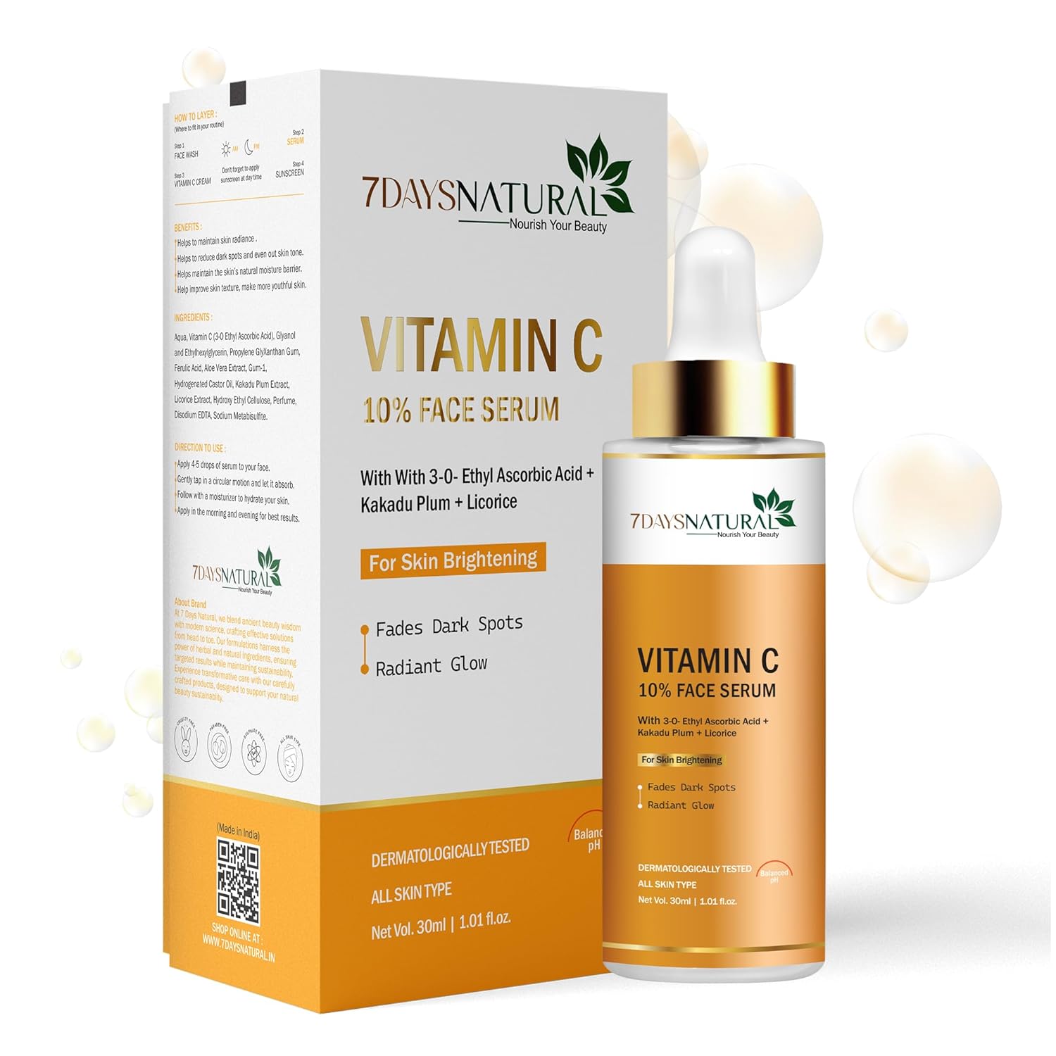 7DAYSNATURAL Vitamin C Face Serum 10% (30ml) – Daily Brightening Serum for Glowing Skin | Fades Dark Spots & Pigmentation | Evens Skin Tone | Fragrance-Free | For Men & Women | All Skin Types