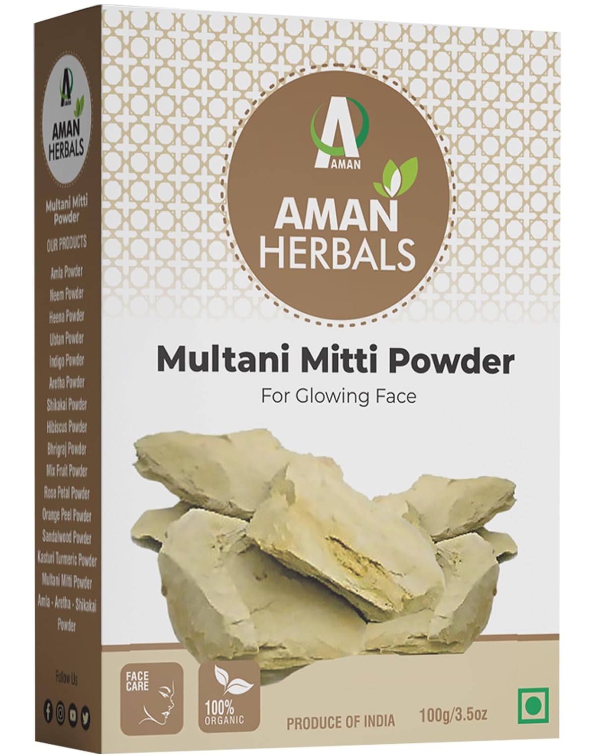 Aman Herbals 100% Pure Multani Mitti Powder for Glowing Skin & Deep Cleansing | Natural Fuller’s Earth Face Pack for Acne, Oil Control & Tan Removal | Herbal Clay Powder – 100g
