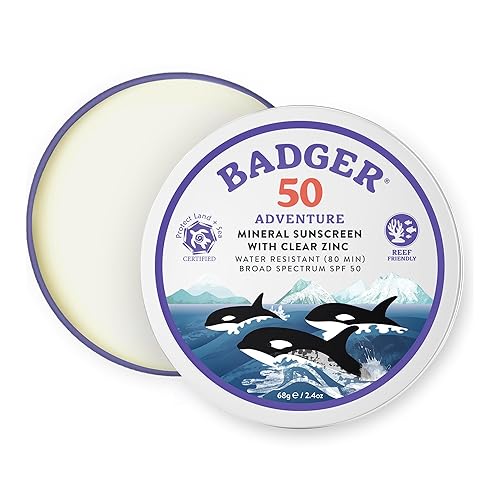 Badger Reef Safe Mineral Sunscreen, SPF 50, 98% Organic with Zinc Oxide, Non Toxic, Water Resistant, Unscented & Hypoallergenic, Broad - Spectrum, For Adventure, Travel & Sport, 2.4 oz Tin