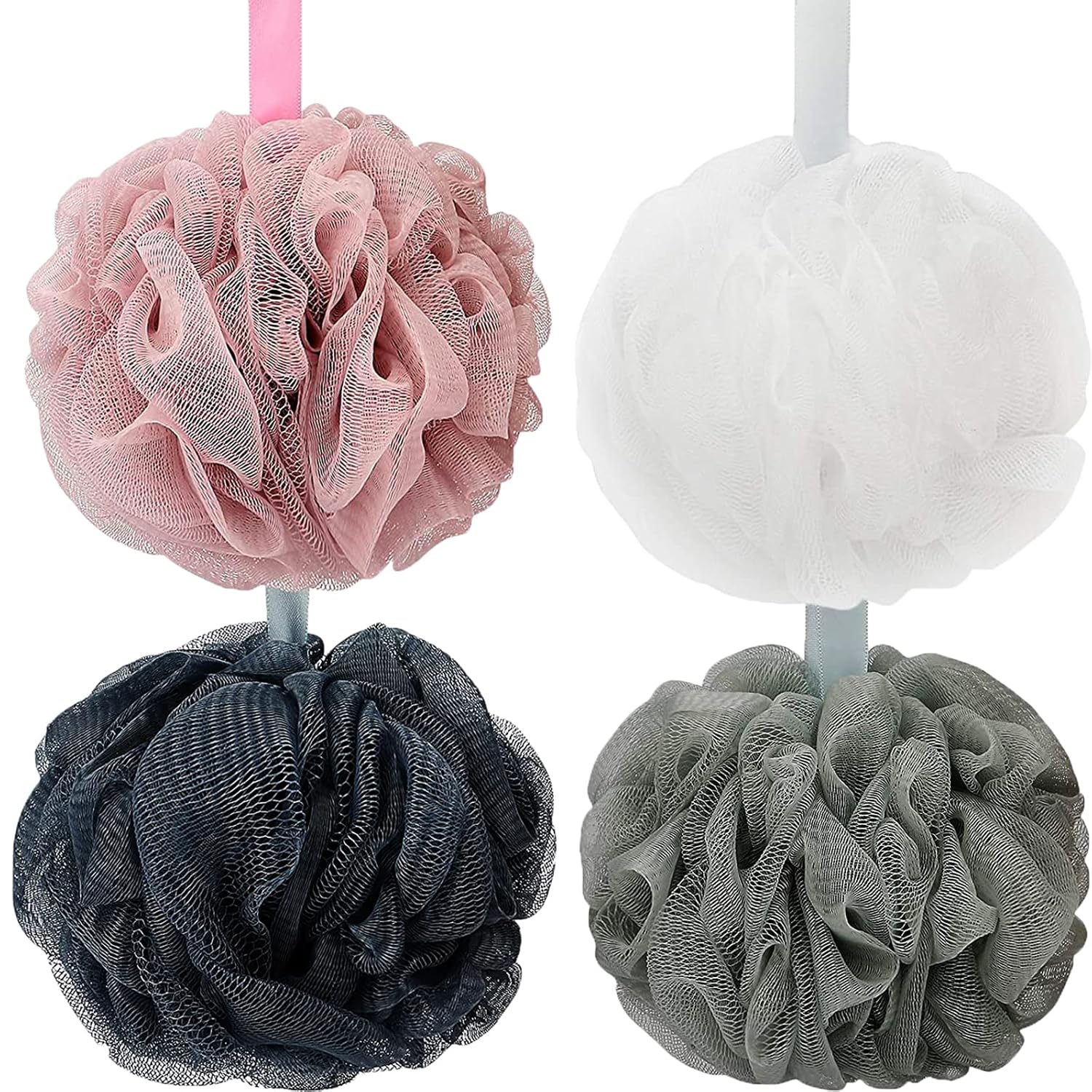 Bath Shower Loofah Sponge 60g Bath Mesh Pouf Shower Ball Body Scrubber Exfoliating Bath Sponge for Women and Men, Set of 4, Drak Grey-Pink-Grey-White