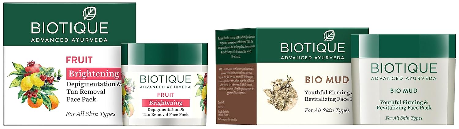 Biotique Bio Fruit Whitening & Depigmentation & Tan Removal Face Pack, 75g & Bio Mud Youthful Firming & Revitalizing Face Pack For All Skin Types, 75g