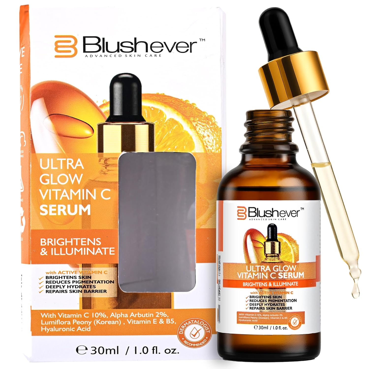 Blushever 10% Vitamin C Face Serum for Glowing Skin | With Korean Peony, Hyaluronic Acid, Alpha Arbutin & Vitamins E & B5 | Brightening & Anti-Aging | Reduces Dark Spots, Fine Lines & Wrinkles | Suitable for All Skin Types | 30ml