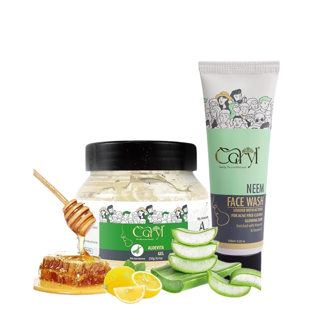 Caryl Combo Neem Face Wash 120ml & Aloevita Gel 250gm β Acne-Free, Clear & Glowing Skin | Hydrating & Soothing Formula | Daily Skincare for Healthy, Refreshed, Radiant Skin, Unisex Use
