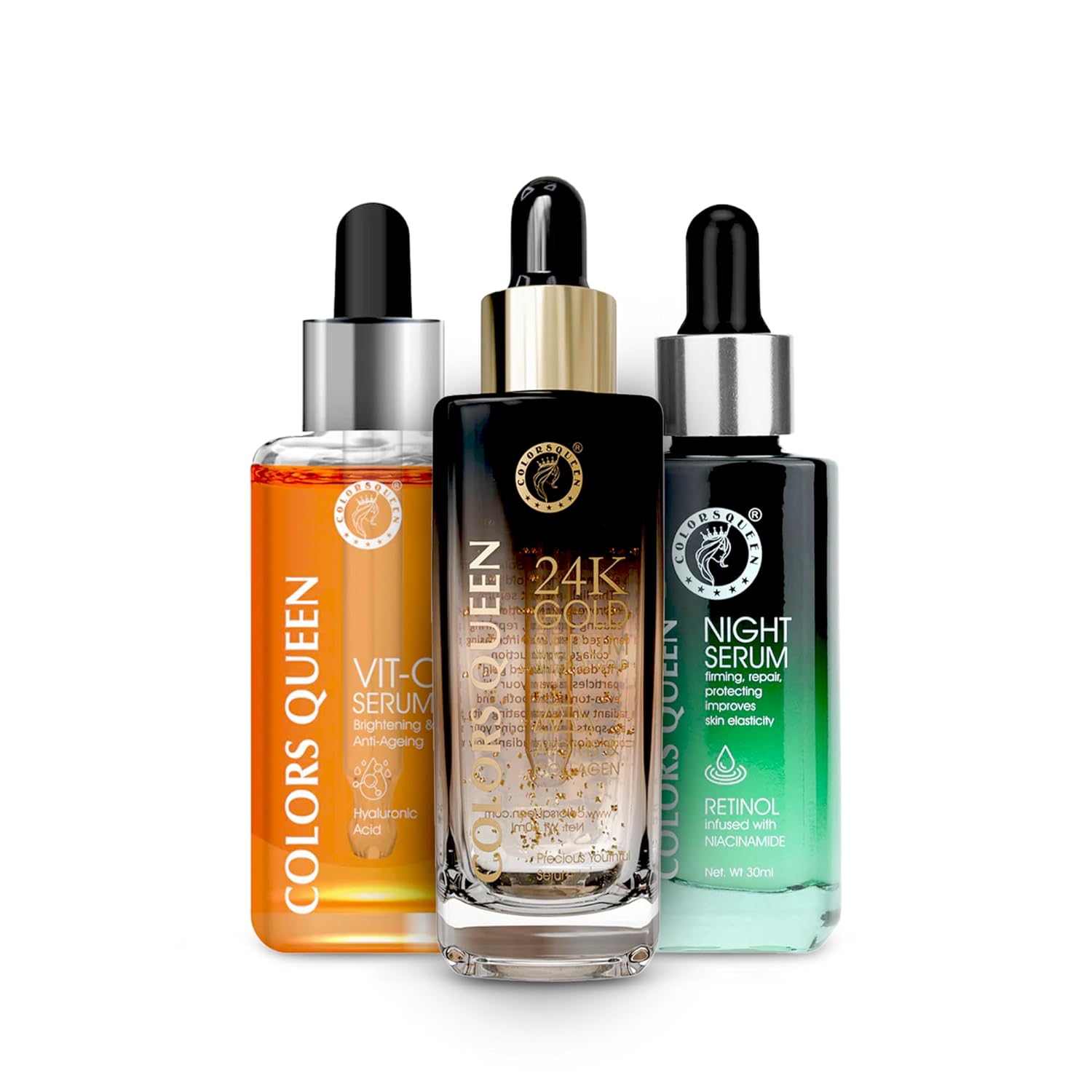 Colors Queen Skin Regime Combo Pack of 3 with Vitamin C Face Serum + 24K Gold Serum and Retinol Night Serum for Face | Anti-Ageing & Hydrating Face Serum