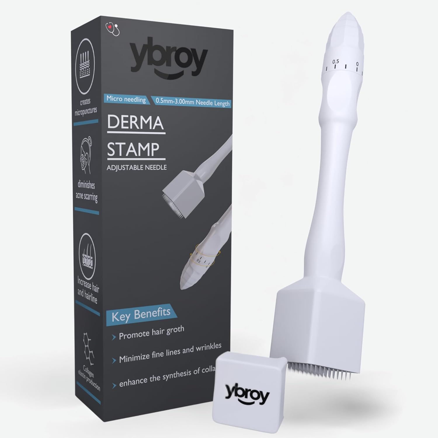 Derma Pen Stamp For men and Women | Microneedle Pen for Body & Hair & Beard Growth - Adjustable Microneedling Stamp For Skin - 0.5mm - 3mm Titanium Micro Needle Derma Stamp For Skin Care (WHITE+1)