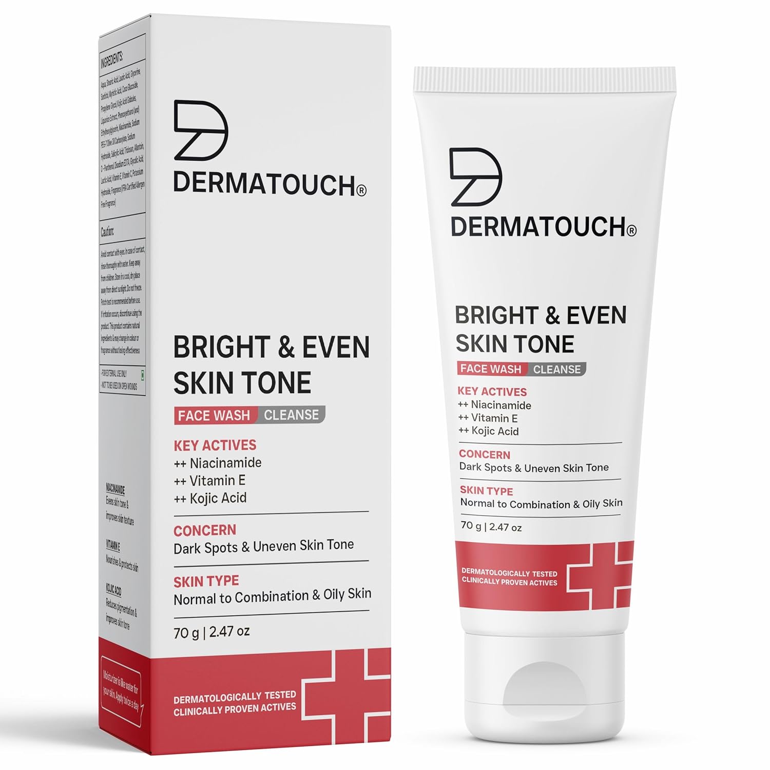 DERMATOUCH Bright & Even Tone Face Wash with Niacinamide, Vitamin E and Kojic Acid | Daily Gentle Face Wash For Tan, Pigmentation, Uneven Tone | 70g