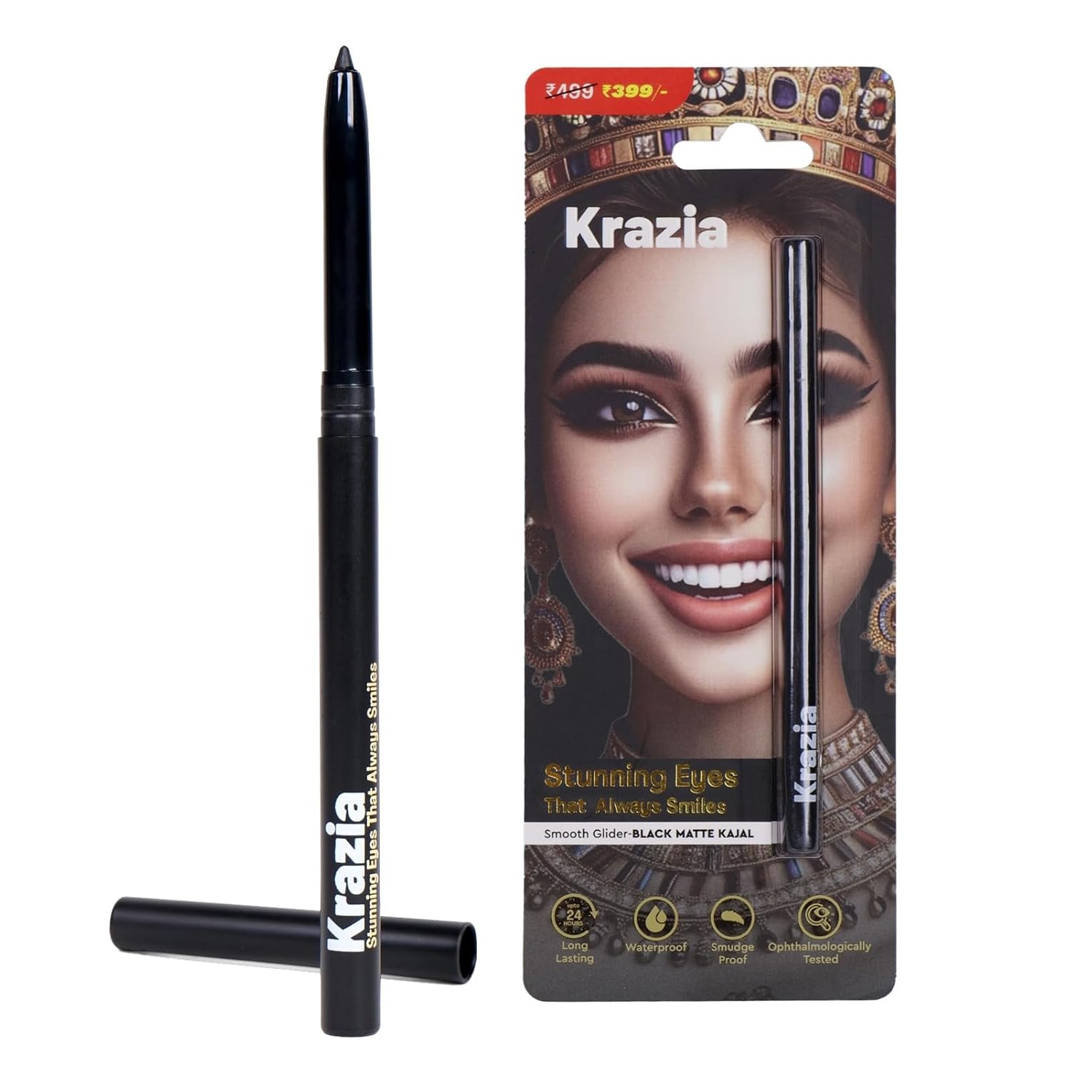 Egyptian Black Matte Pencil Kajal, Waterproof, Retractable, Smudgeproof & Long Lasting Eye Makeup Kajal With Matte Finish | Enriched With Almond Oil | Black, 0.35 gm (Pack of 1)