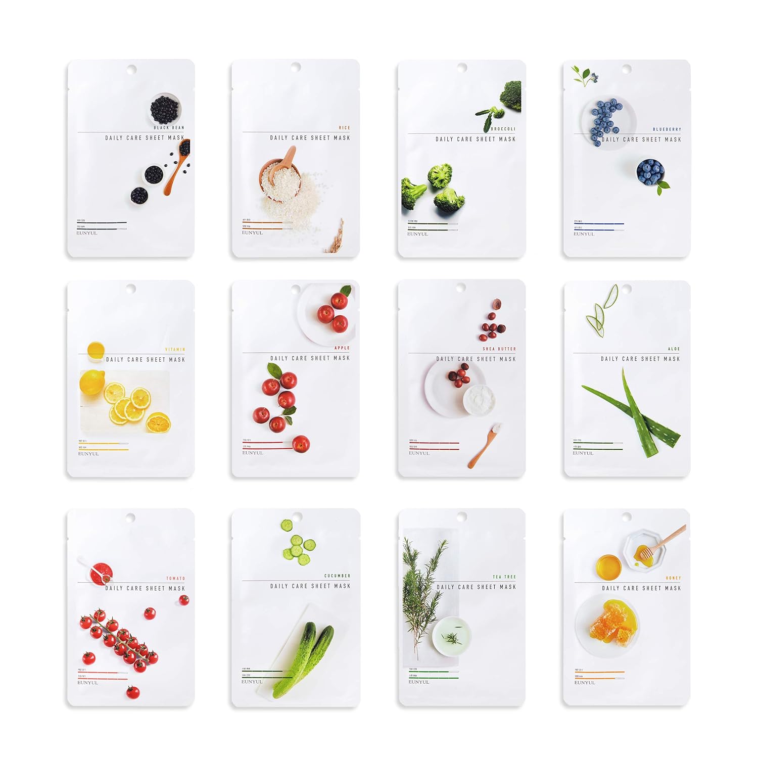 EUNYUL Daily Care Facial Hydrating Sheet Mask Pack (12 Types) Korean Skincare for Hydrating & Nourishing, Natural Ingredients for All Skin Types, Pack Of 12