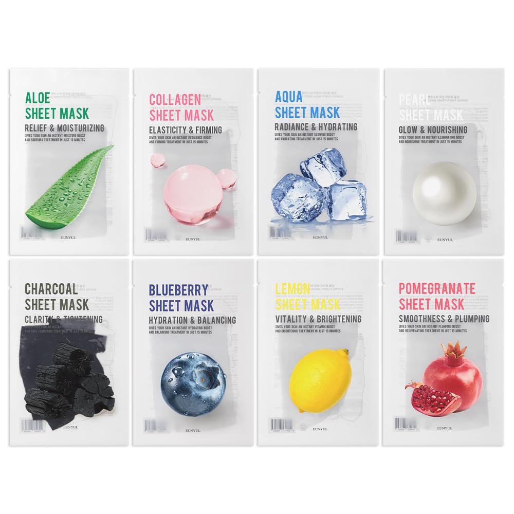 EUNYUL Purity Sheet Mask of 8 Types 22ml x 8pcs, Korean Skincare Hydrating, Nourishing & Clarifying Natural Ingredients for All Skin Types, Pack Of 8