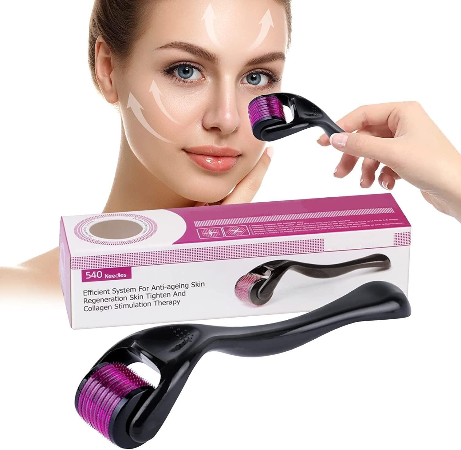 Face Roller For Hair And Beard Regrowth 540 Micro 0.5MM Titanium Alloy Needles Reduces Hair Fall & Stimulates Hair Follicles, Safe and Effective Easy to use | Skin Care Men and Women (PiNK)