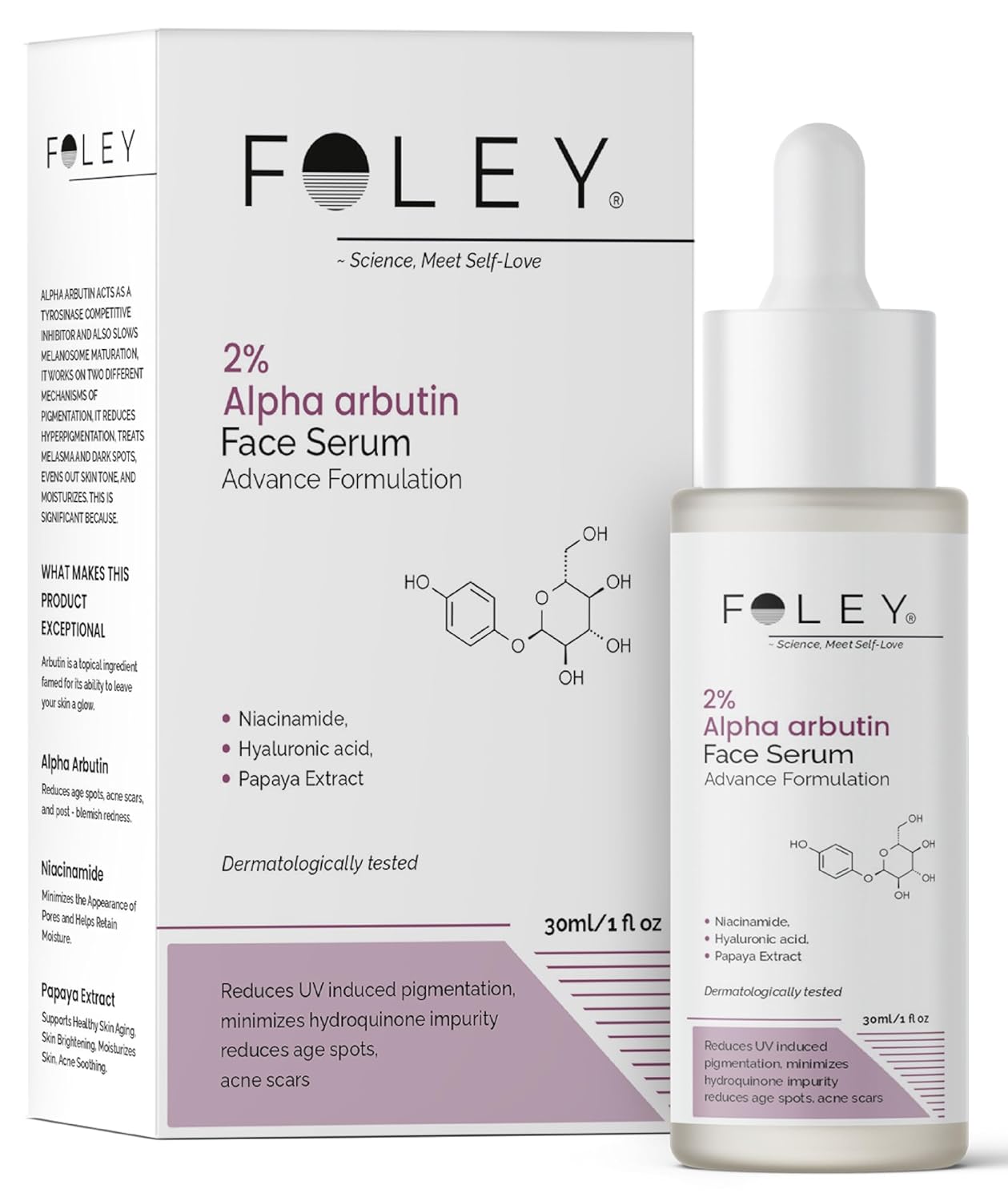 Foley Fades Dark Spots, Acne Marks & Pigmentation with Foley 2% Alpha Arbutin, Niacinamide & Hyaluronic Acid Serum | Gentle & Safe for All Skin Types | Men & Women | 30ml