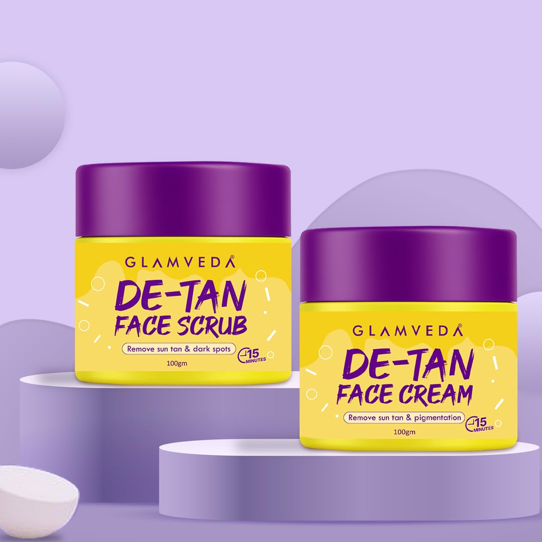 Glamveda De-Tan Combo Face Scrub & Face Cream Mask | Instant Tan Removal & Pigmentation Dark Spots, Dead Skin & Blackhead Remover | Clarifies & Glowing Skin | All Skin Type | For Men & Women 200g
