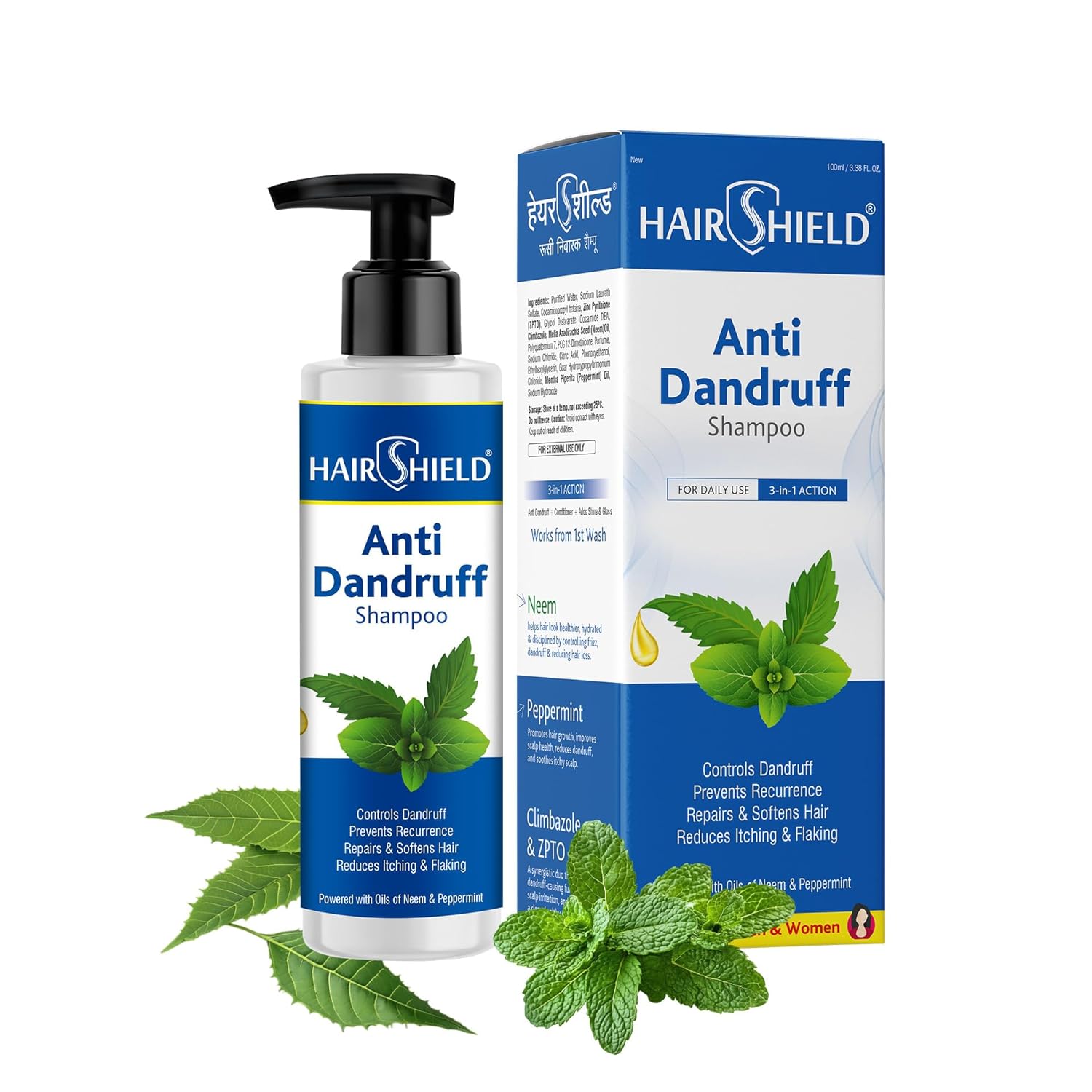 Hairshield Anti Dandruff Shampoo 100ml with Free 10ml Anti Dandruff Cream | Climbazole, ZPTO, Neem & Peppermint Formula | Prevents Recurrence, Hydrates & Conditions Hair | Powerful Duo for Men & Women
