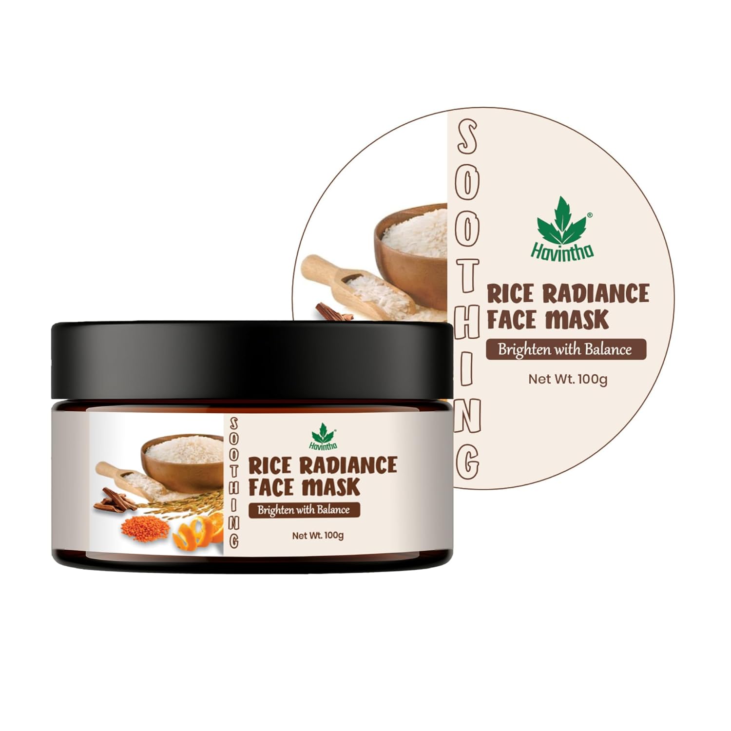 Havintha Natural Rice Radiance Face Mask Powder for Glowing Skin, Tan Removal & Skin Brightening | Herbal Rice Flour Face Pack for Oil Control, Acne Reduce | Ubtan Powder for Face Tone, Smooth - 100g