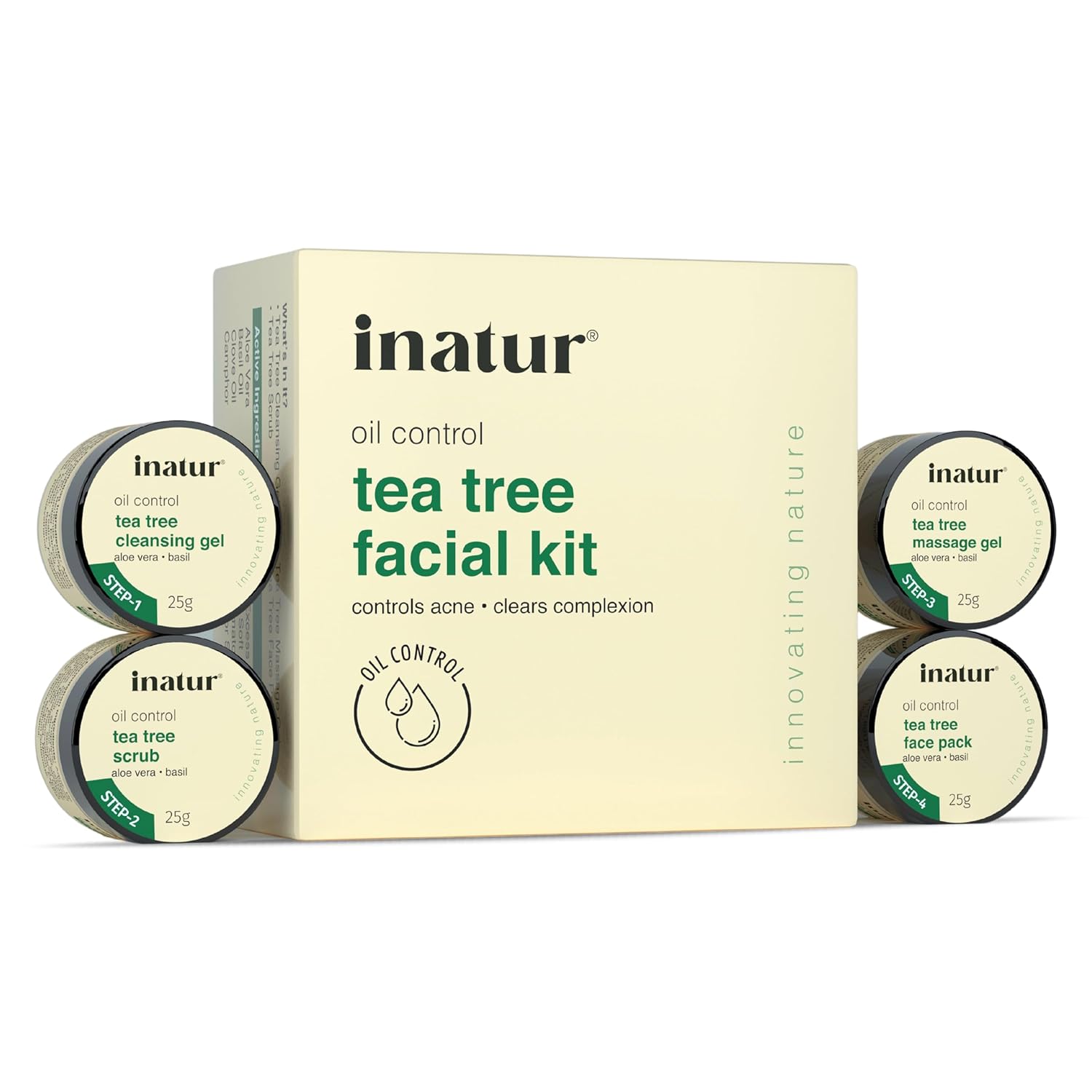 inatur Tea Tree Facial Kit 100g β Natural Complete Skincare Kit for Glowing & Clear Skin | Includes Cleanser, Scrub, Massage gel & Face Pack | For Oily, Combination & Acne Prone Skin | Unisex