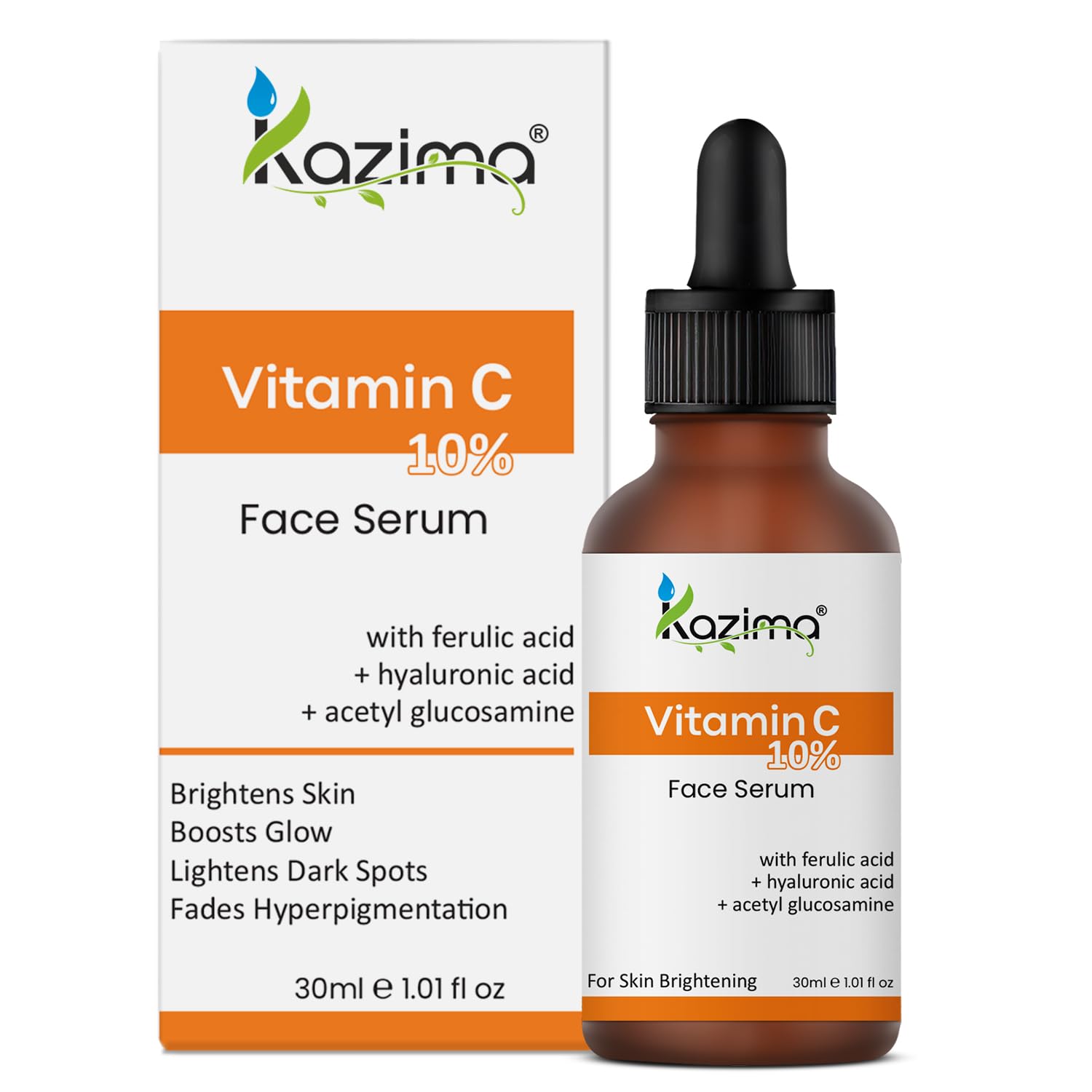 KAZIMA 10% Vitamin C Face Serum for Glowing Skin with 0.5% Ferulic Acid | Targets Dark Spot & Hyperpigmentation | For Dull Skin | Vitamin C Serum for Oily Skin | Suitable for Men & Women | 30 ml