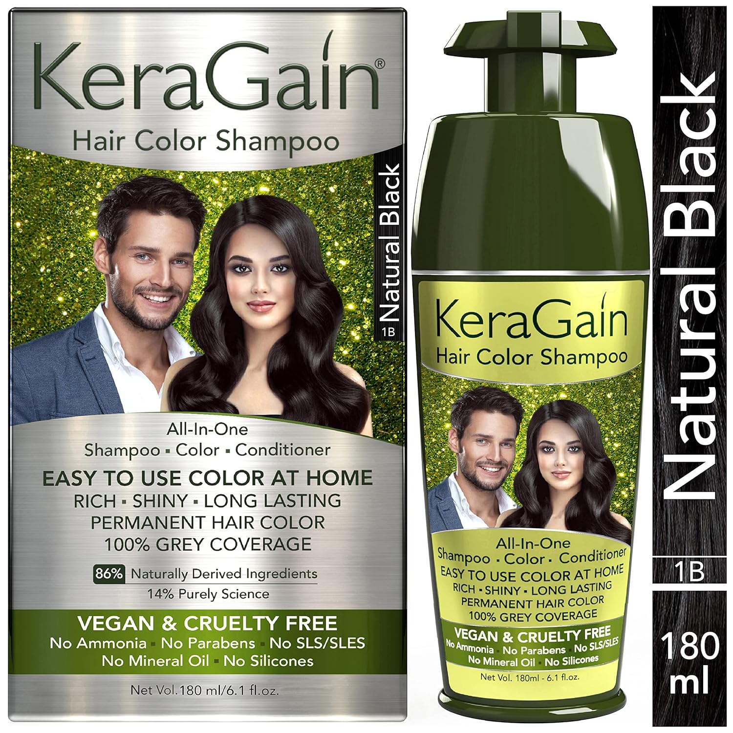 KERAGAIN Hair Color Shampoo (Natural Black,180Ml) PPD Free, Ammonia Free Permanent Hair Colour For Women & Men, |Vegan & Cruelty-Free| Keratin Treatment Included 9Package might Vary)