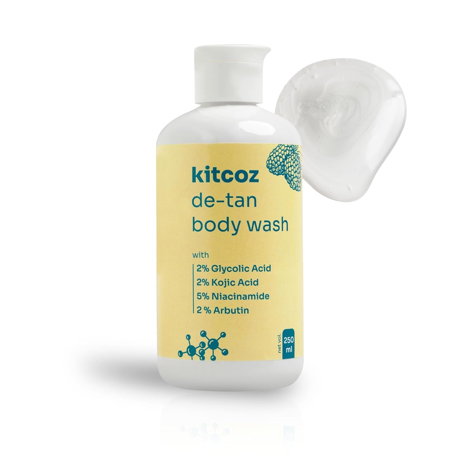 Kitcoz Detan Body Wash with 2% Glycolic Acid, 2% Kojic Acid, 2% Arbutin & 5% Niacinamide to Fight Sun Damage, Body Tan & Pigmentation - Suitable for All Skin Types (250ml)