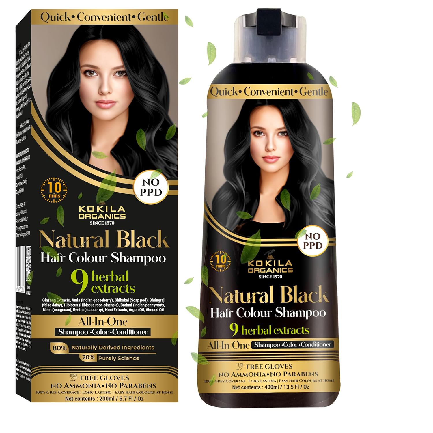 Kokila NO PPD Shampoo Hair Colour - Black 400ml for Women and Men | Natural Extracts | Colours Hair in 10 Minutes | Ammonia Free, Paraben Free - 10 Pair Free Gloves