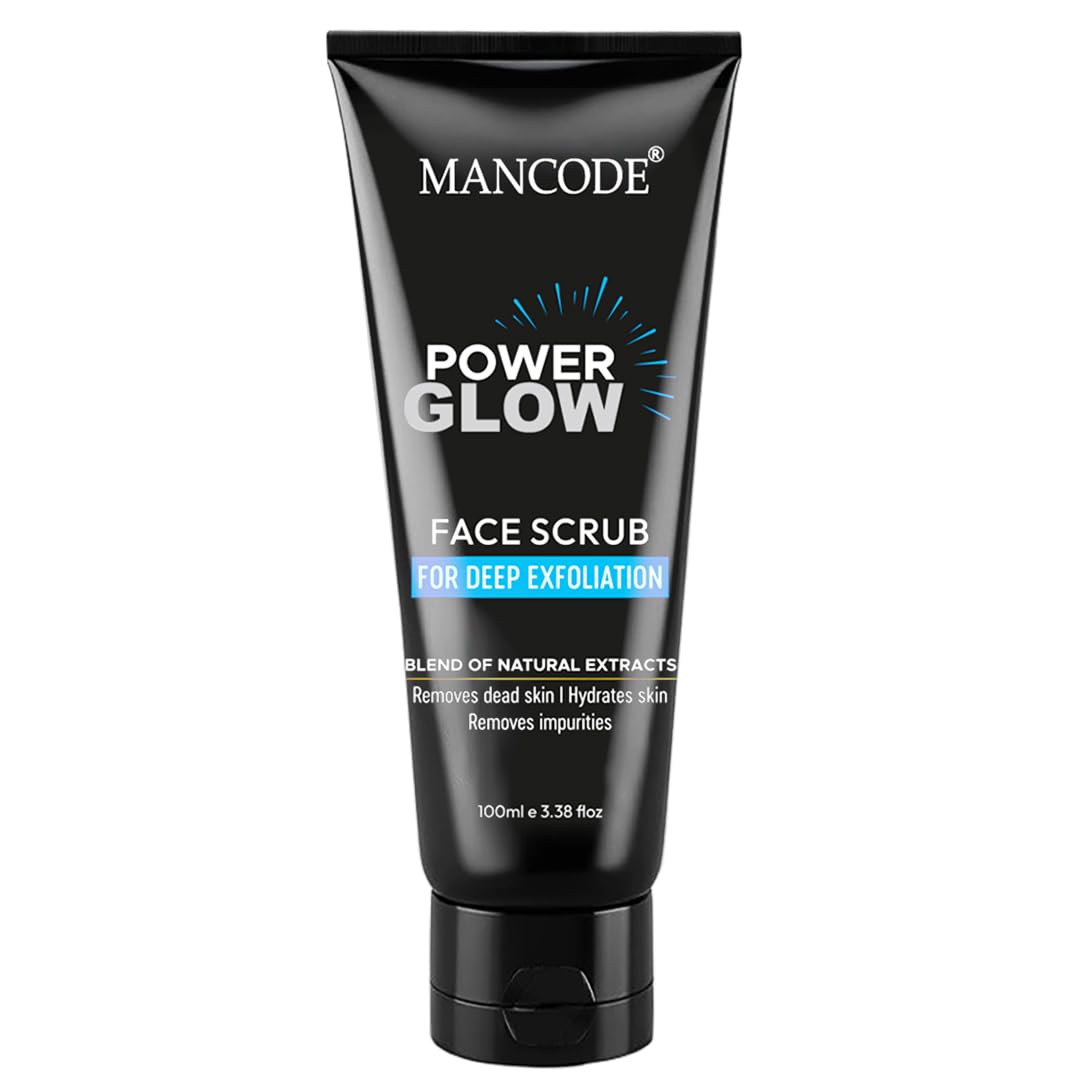 Mancode Power Glow Face Scrub for Men | Deep Exfoliation, Brightening & Hydrating | Removes Dead Skin & Impurities | Natural Ingredients with Saffron, Turmeric & Almond Oil | 100g
