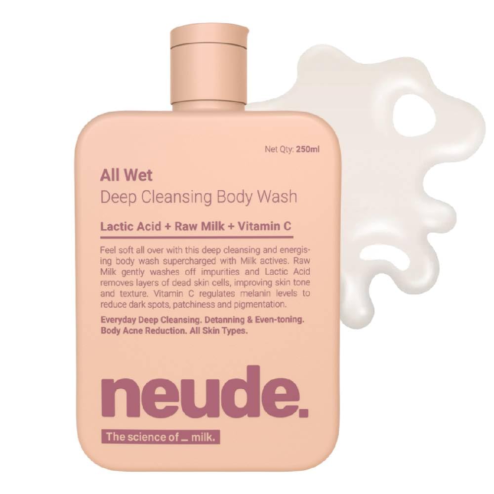 Neude All Wet 250ml De-Tan Body Wash with Milk, Lactic Acid, Vitamin C for Skin Brightening, Dark Spot & Pigmentation Reduction; Deep Cleansing Shower Gel Prevents Dryness & Body Acne for Men & Women