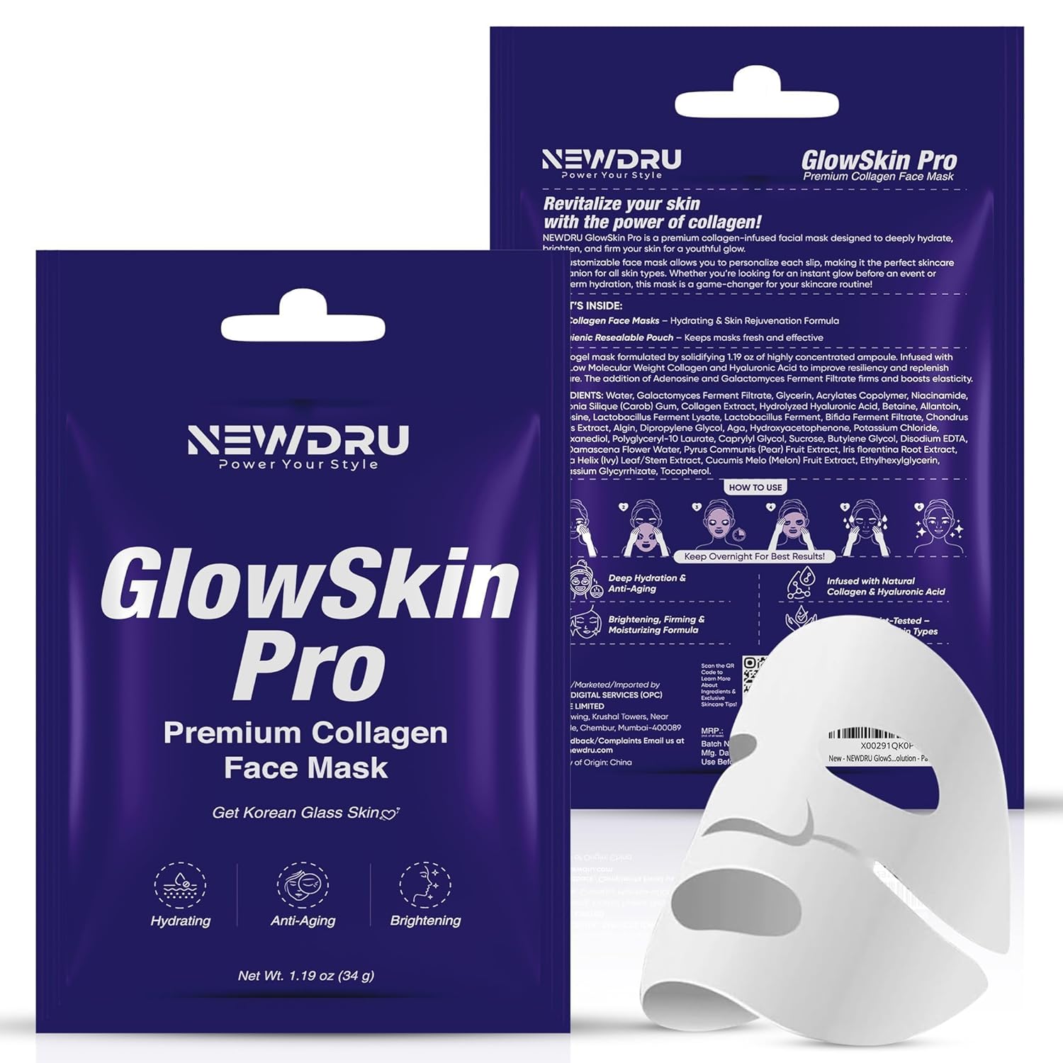 NEWDRU Korean Collagen Hydrogel Face Mask (Pack of 1) | Overnight Hydrating Collagen Mask with Hyaluronic Acid & Peptides to helps Skin Glow | Pore Tightening, Brightening & Anti-Aging Skincare | For All Skin Types