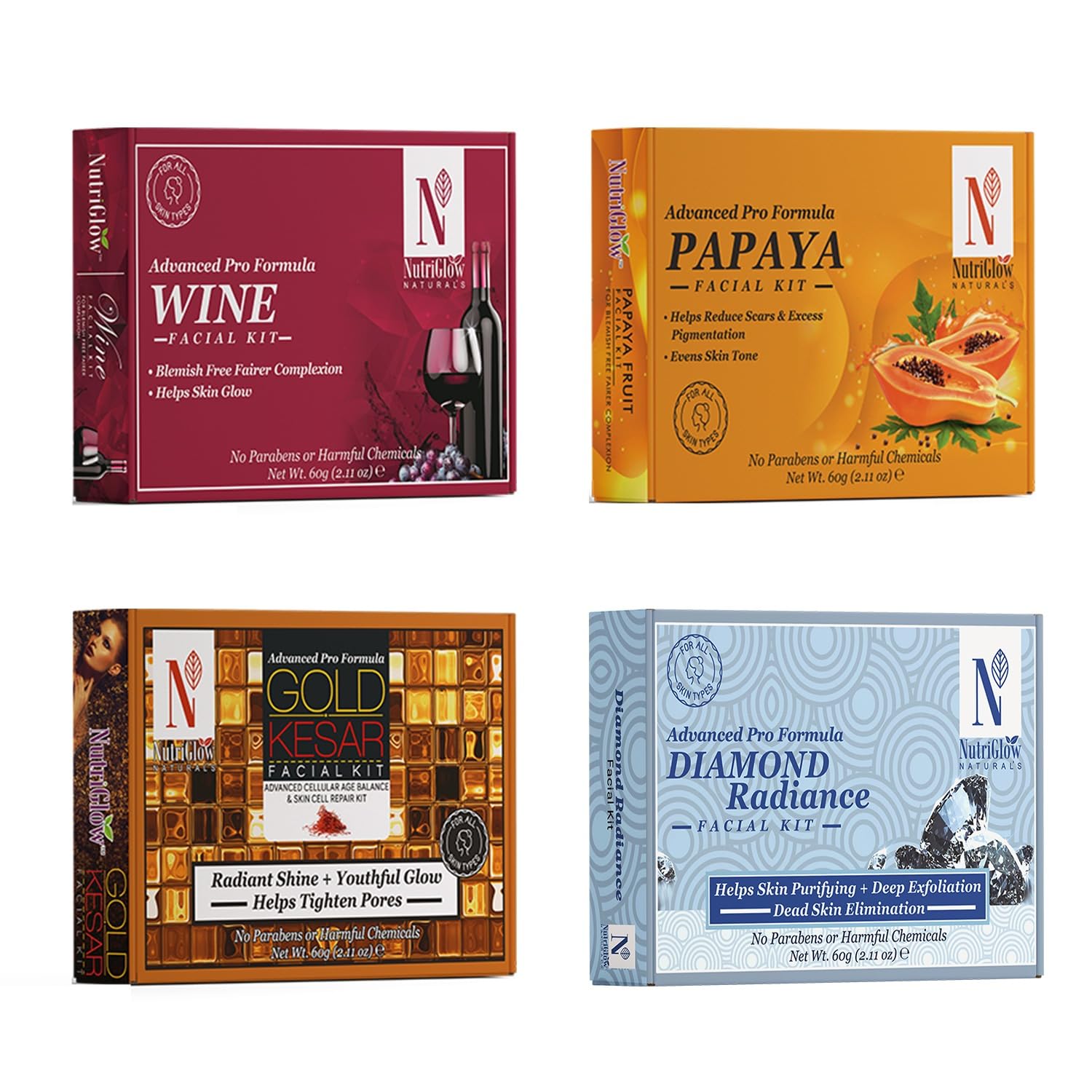 NutriGlow NATURAL'S Advanced Pro Formula Facial Kit For Glowing Skin, Tan Removal, All Type of Skin Solution for men & women, skincare Set 60 gm ( Pack of 4 )