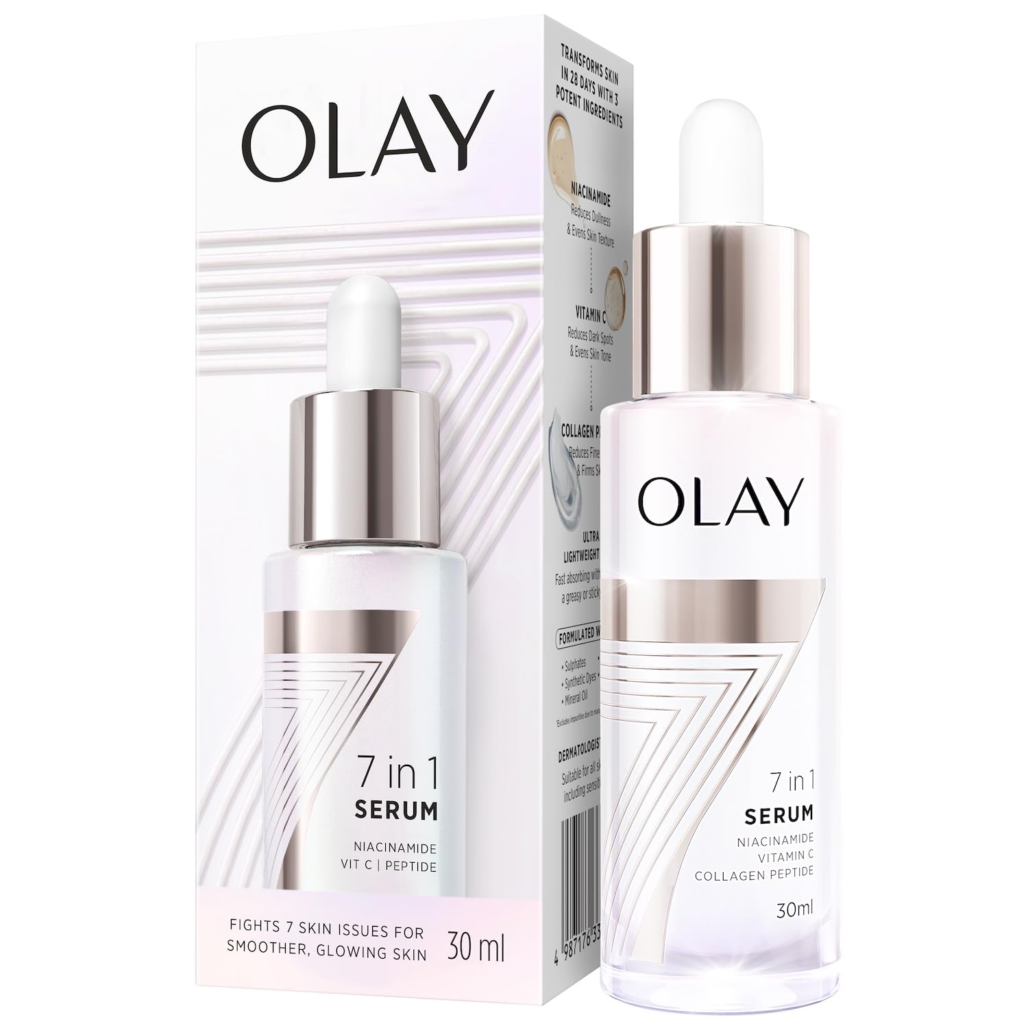 Olay 7in1 Ultra-light Face Serum | Niacinamide, Vitamin C, Collagen Peptides | Fights 7 Issues for Smooth & Glowing Skin | Normal to Oily Skin | Dermatologically Tested | Non Comedogenic | 30ml