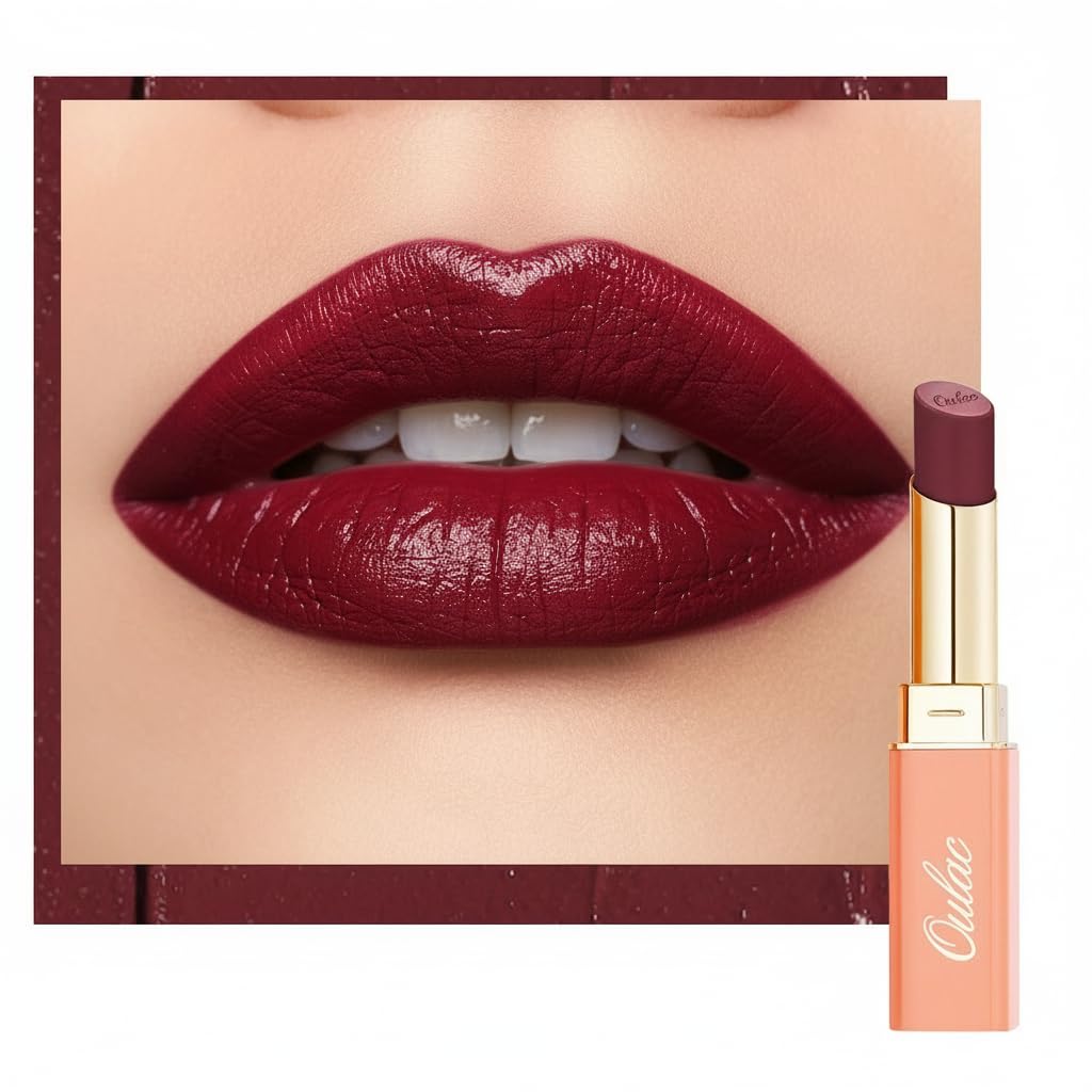 Oulac Satin Matte Burgundy Lipstick - Long Lasting Lip Stick for Women, Intense Color with Smooth Creamy Texture Lip Colour, Moisturizing & Weightless Formula Lip Makeup, Vegen, 4.3g, SG13 Burgundy