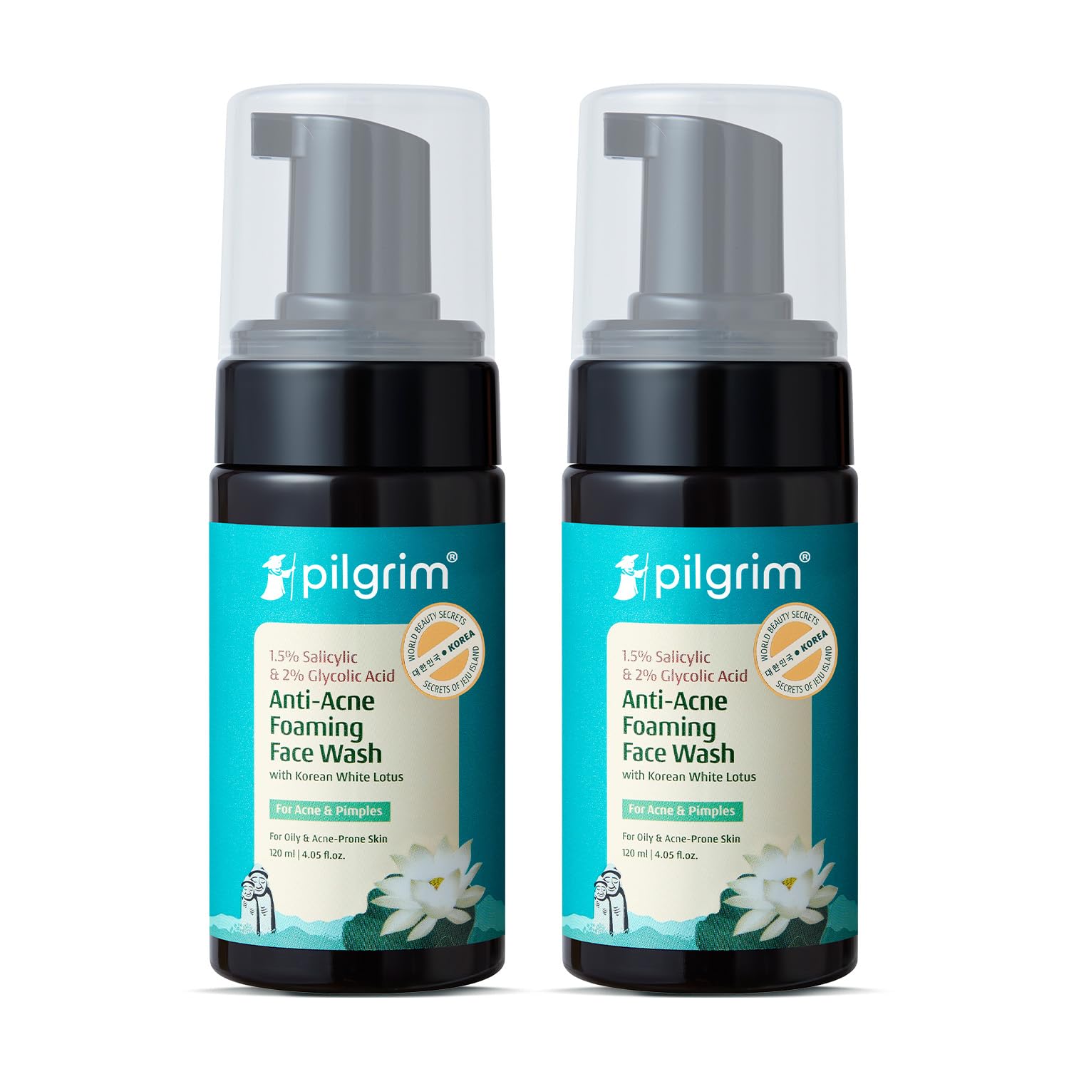 Pilgrim Korean 1.5% Salicylic(Bha) & 2% Glycolic Acid(Aha) Foaming Face Wash For Oily & Acne-Prone Skin | Glycolic & Salicylic Acid Face Wash | Korean Skin Care Products | 120 Ml + 120 Ml (PACK OF 2)