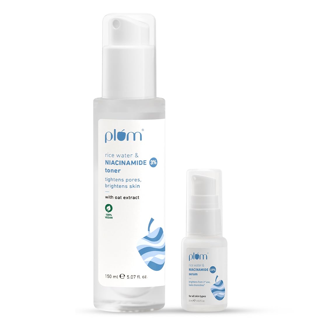 Plum 3% Niacinamide Face Toner (150ml) + 10% Niacinamide Serum (15ml) with Rice Water | Pore Tightening, Brightening & Acne Control | Alcohol-Free Skincare for Women & Men