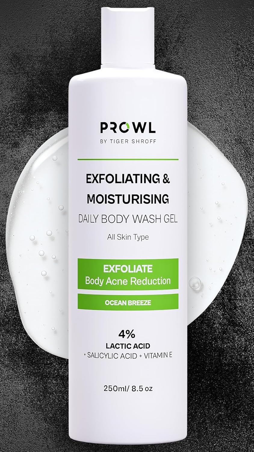 PROWL by Tiger Shroff Shower Gel Bodywash for Men 250ml|4% ( Salicylic Acid, Lactic Acid, Vit E) for Body Acne | All Skin Type Exfoliating Brightening & Moisturising Daily Body Wash for Tan Removal | Ocean Breeze