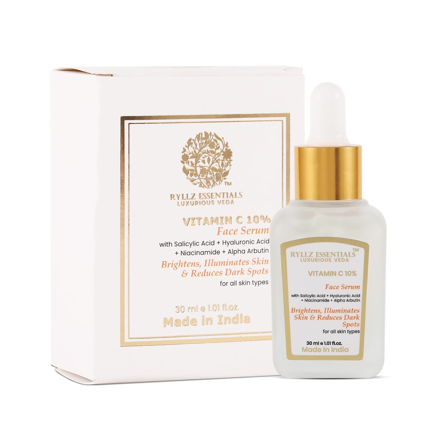 RYLLZ ESSENTIALS 10% VITAMIN C FACE SERUM|with Salicylic Acid,Niacinamide,Alpha Arbutin & Hyaluronic Acid|For Glowing Skin,Dark Spots,Oil Control,Open Pores,Uneven & Dull Skin|For All Skin Types|30ml