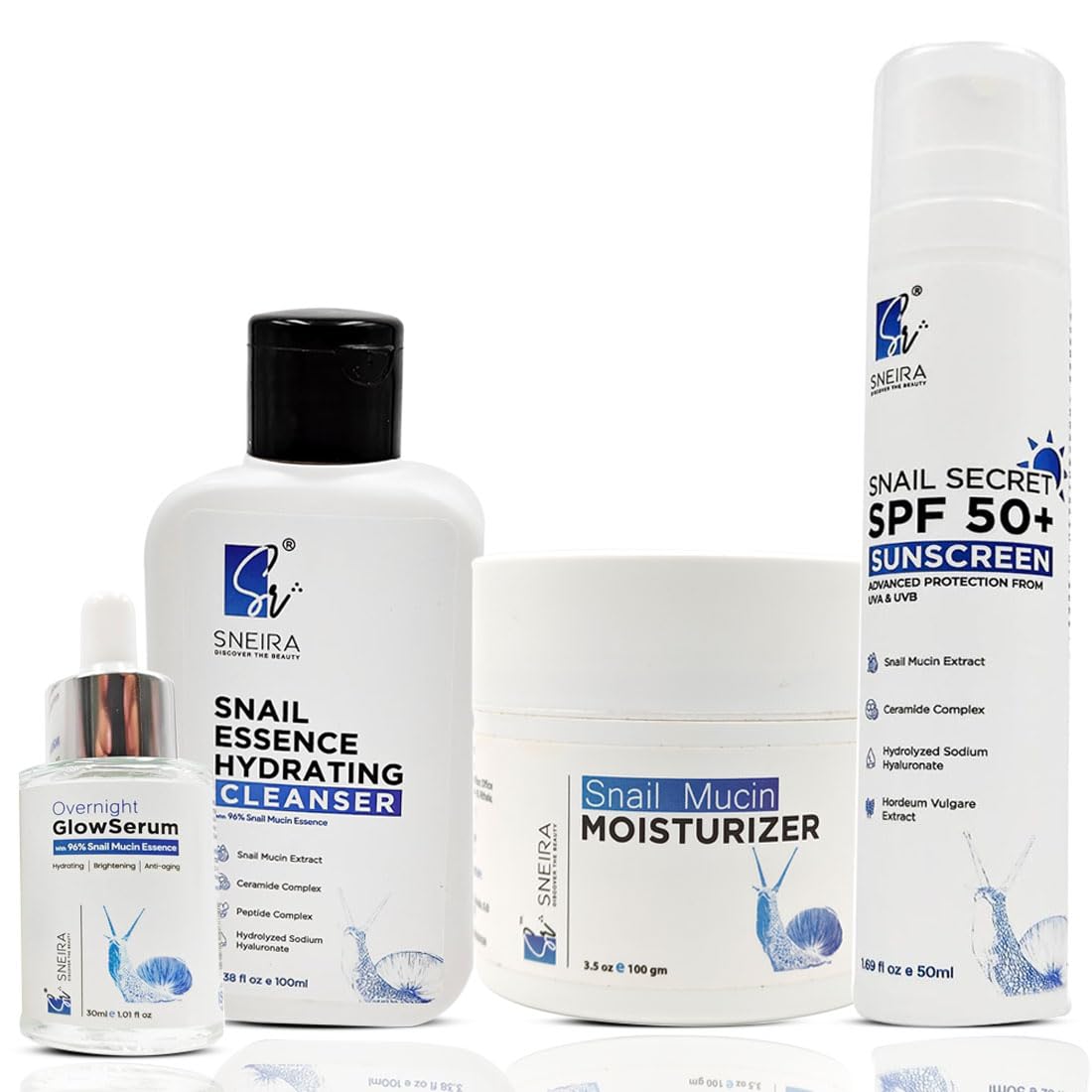 Snail Mucin Skincare Complete Hydration & Repair Kit - SNEIRA Snail Hydrating Cleanser, Snail Mucin 96% Secretion Filtrate Serum, Snail Mucin Moisturizer, Snail Secret SPF 50+ Sunscreen |Men & Women, All Skin Types,280ml