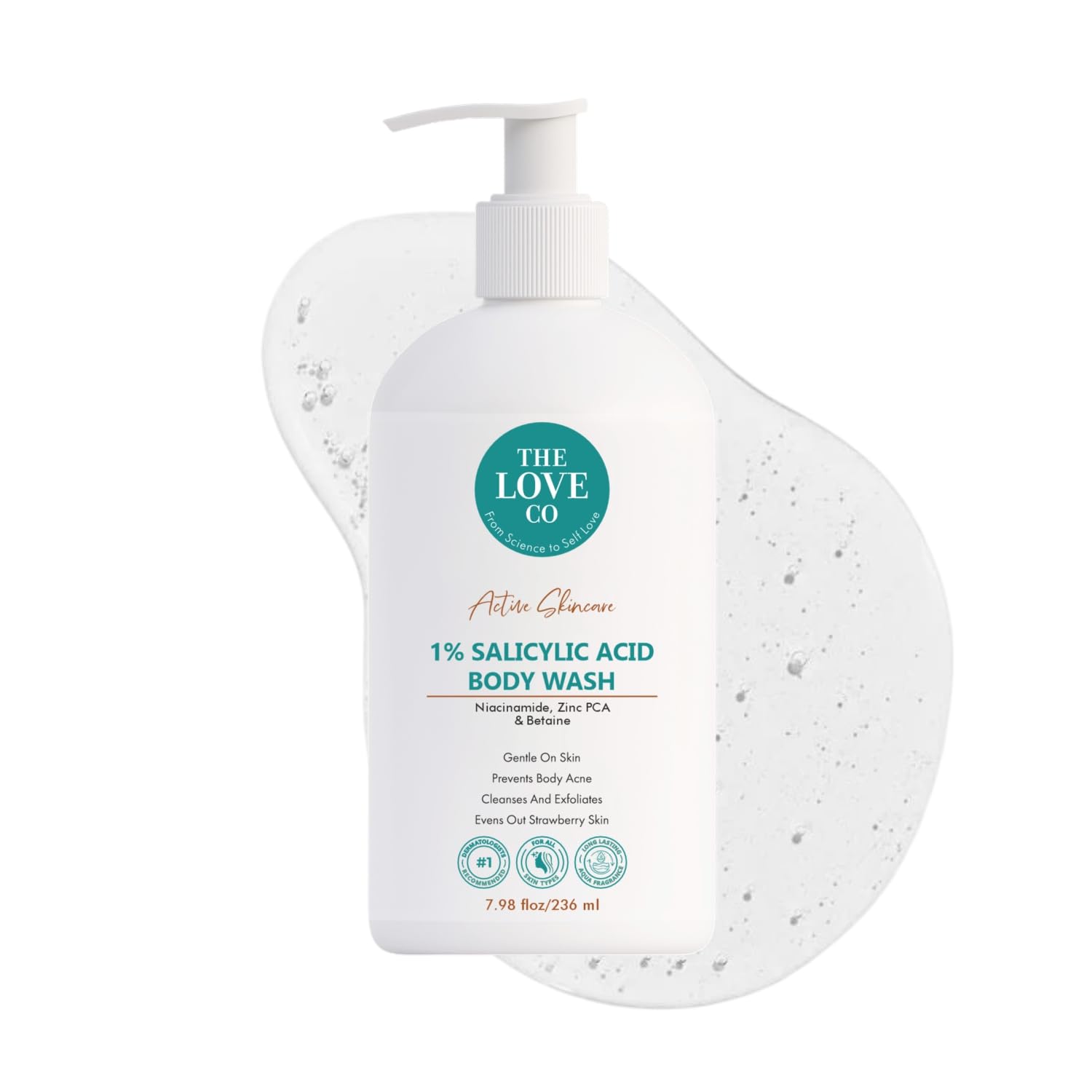 The Love Co 1% Salicylic Acid Body Wash | For Body Acne & Back Acne (Bacne) | With Niacinamide & Zinc | Gently Exfoliates & Unclogs Pores | pH Balanced & Non-Drying | Fragrance Free | 236ml
