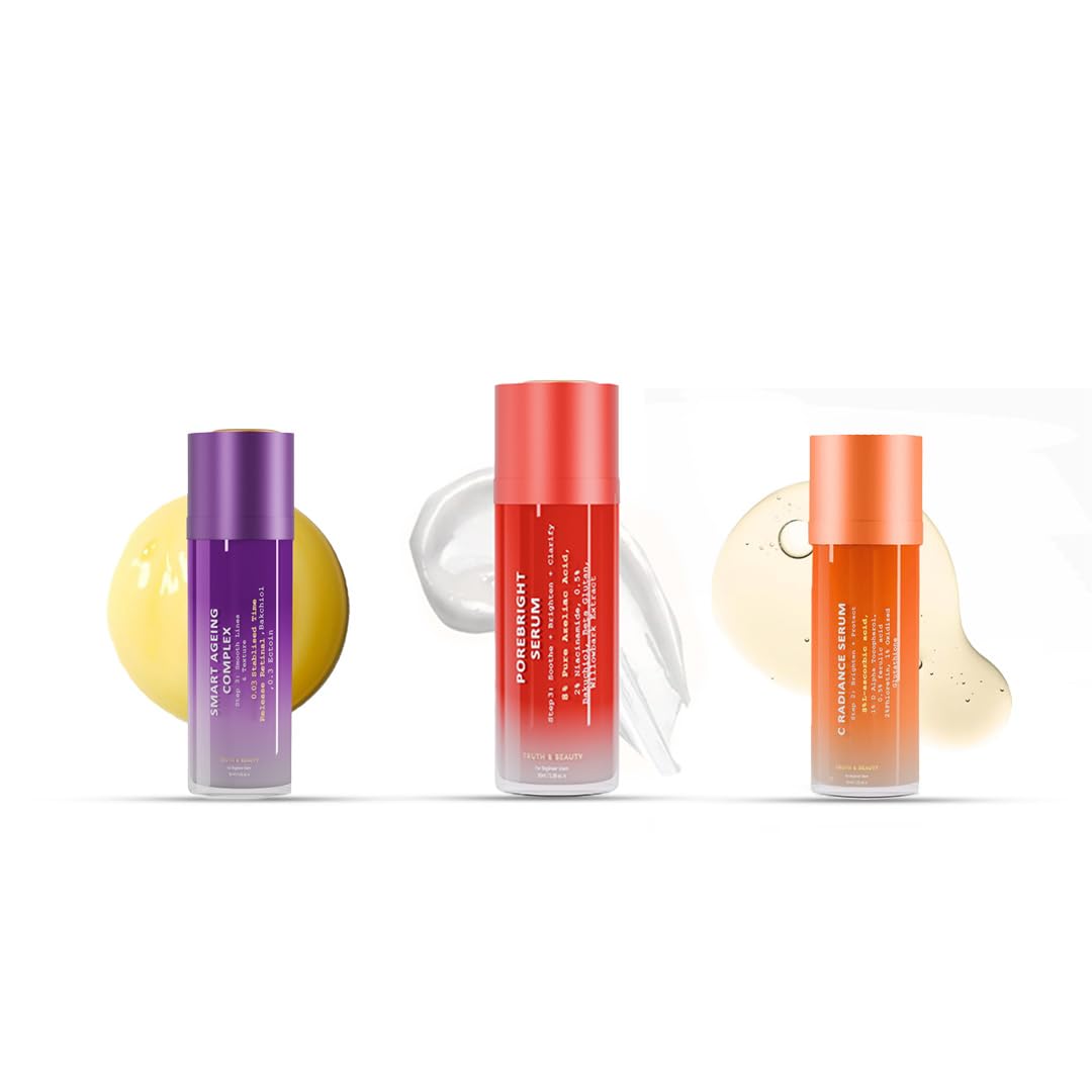 Truth & Beauty Essential Skincare Starter Kit: Porebright Serum + C Radiance Serum + Smart Ageing Complex | Reduces Excess Oil & Bumpy Texture | Perfect for Beginners | pack of 3 ( 35+30+30 ml )