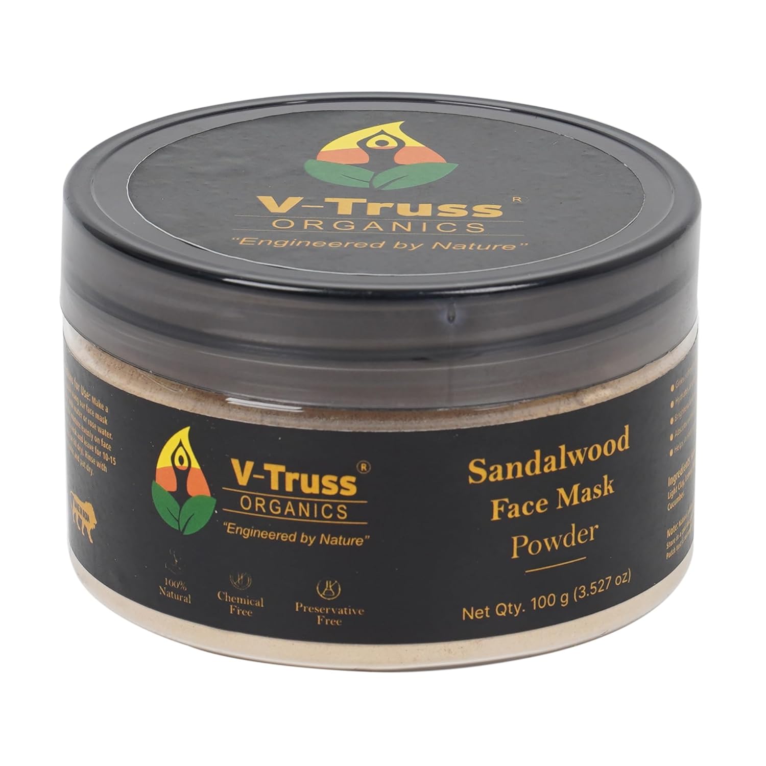 V-Truss Organics Sandalwood Face Mask Powder - 100g | Lightens Suntan, Dark Spots & Pigmentation | Pure And Natural | Chandan Powder for Glowing Skin & Tan Removal | Skin Care Product For Men & Women
