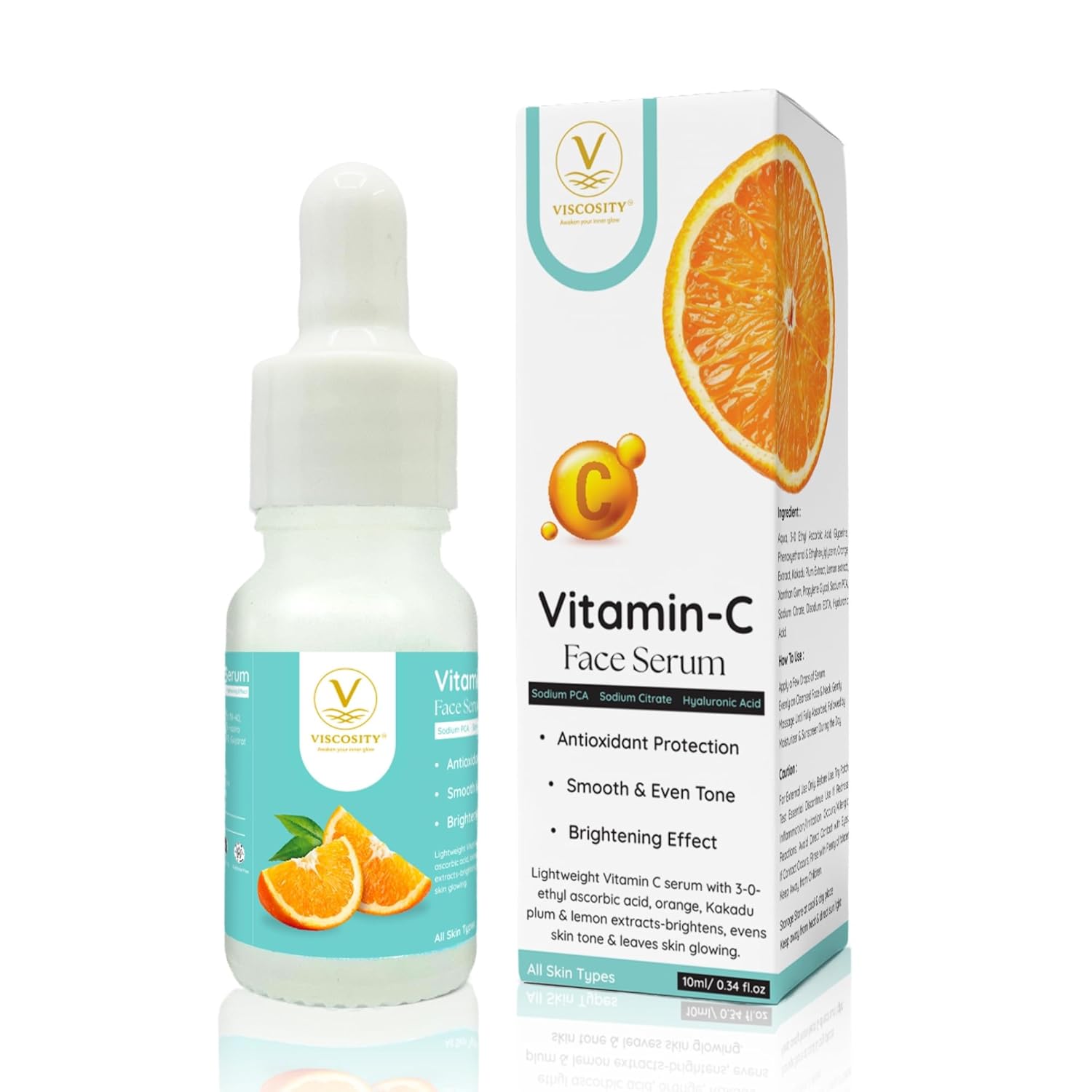 VISCOSITY Vitamin C Face Serum with Hyaluronic Acid | Brightening & Glow Serum | Helps Reduce Dark Spots & Evens Skin Tone | Antioxidant Support | Lightweight Hydrating Formula | For All Skin Types | For Men & Women | 10 ml