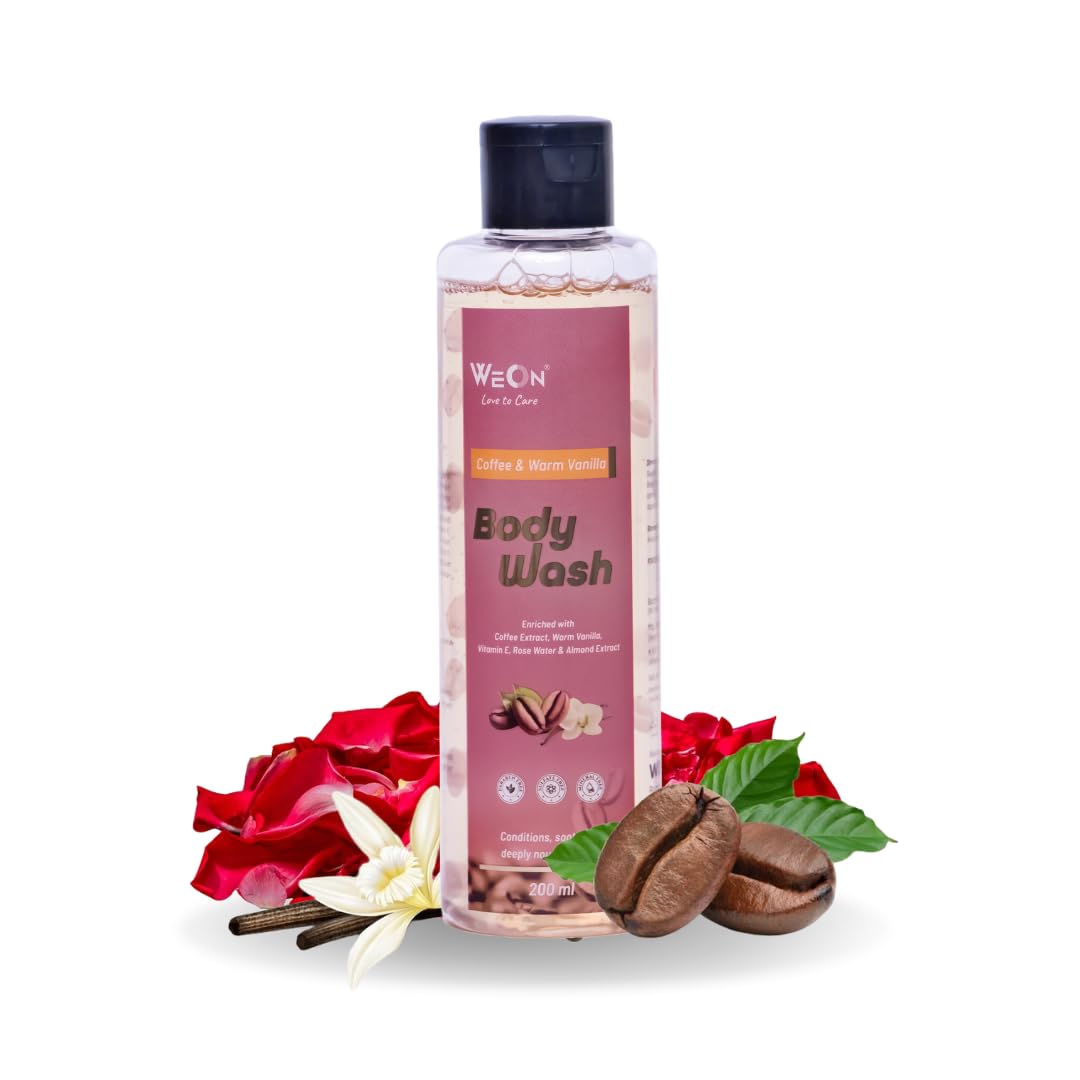 WeOn Coffee & Warm Vanilla Body Wash with Almond Oil & Rose Water | Youthful & Energizing Skin | De Tan and Glowing Skin | Smoother and Soft Skin | Women & Men | All Skin Types | 200 ml