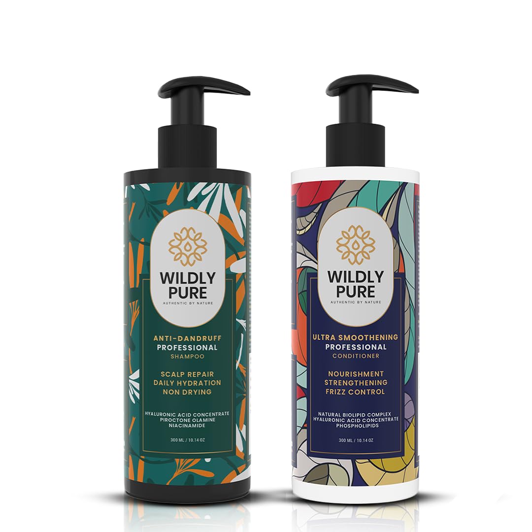 WILDLY PURE Anti-Dandruff Shampoo & Conditioner for Dandruff, Dry Hair & Itchy Scalp | Piroctone Olamine, Natural Biolipid Complex & Phospholipids | Toxin 20 Free | No Sulphate, Paraben & Silicone | Men & Women (Pack of 2)